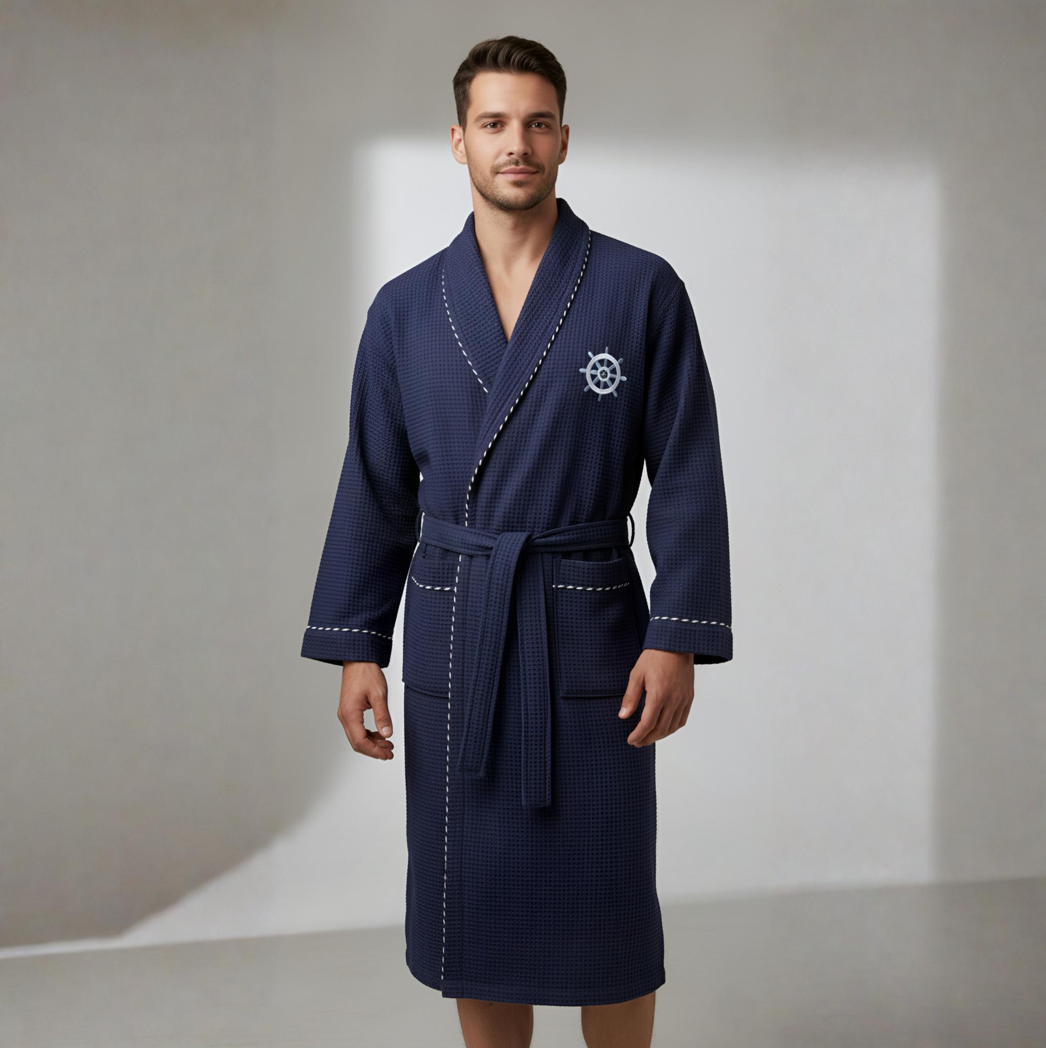 Waffle Petek Dokulu Marin Erkek Bornoz