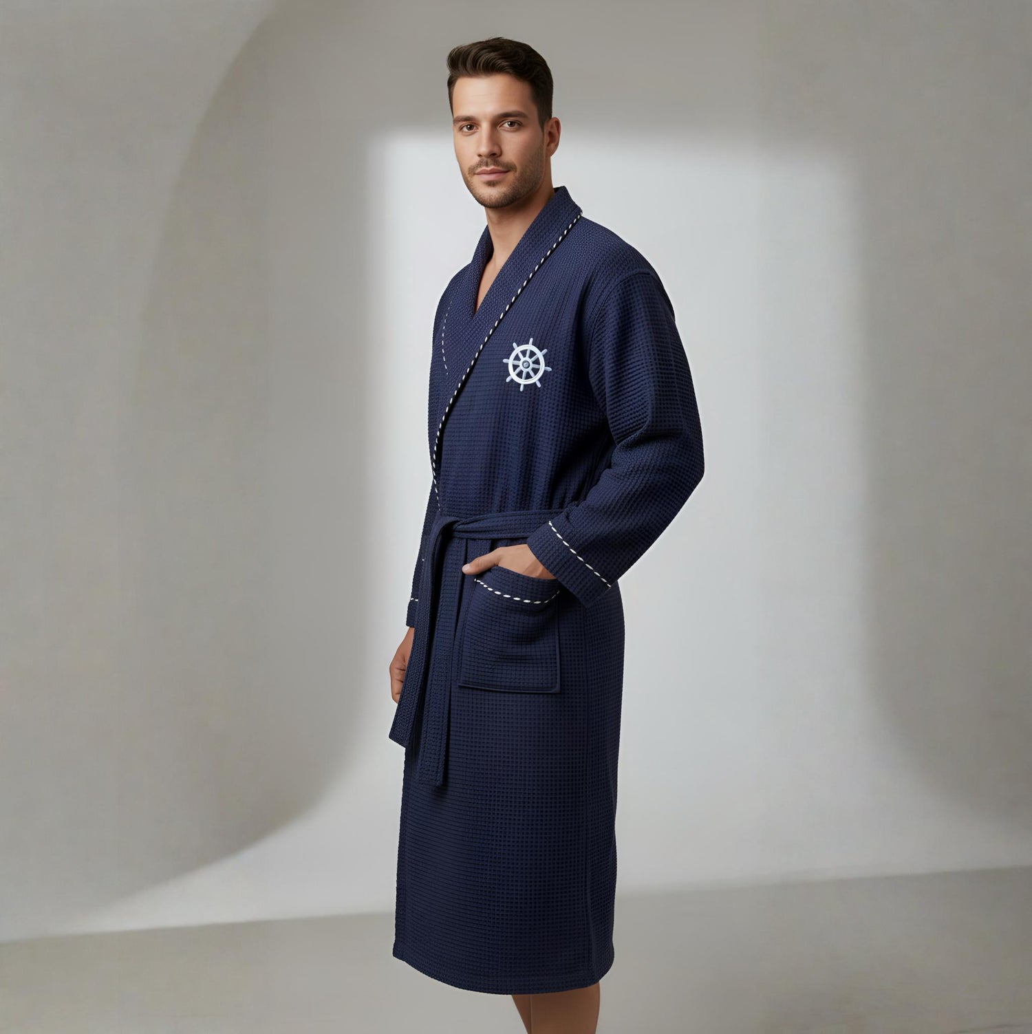 Waffle Petek Dokulu Marin Erkek Bornoz