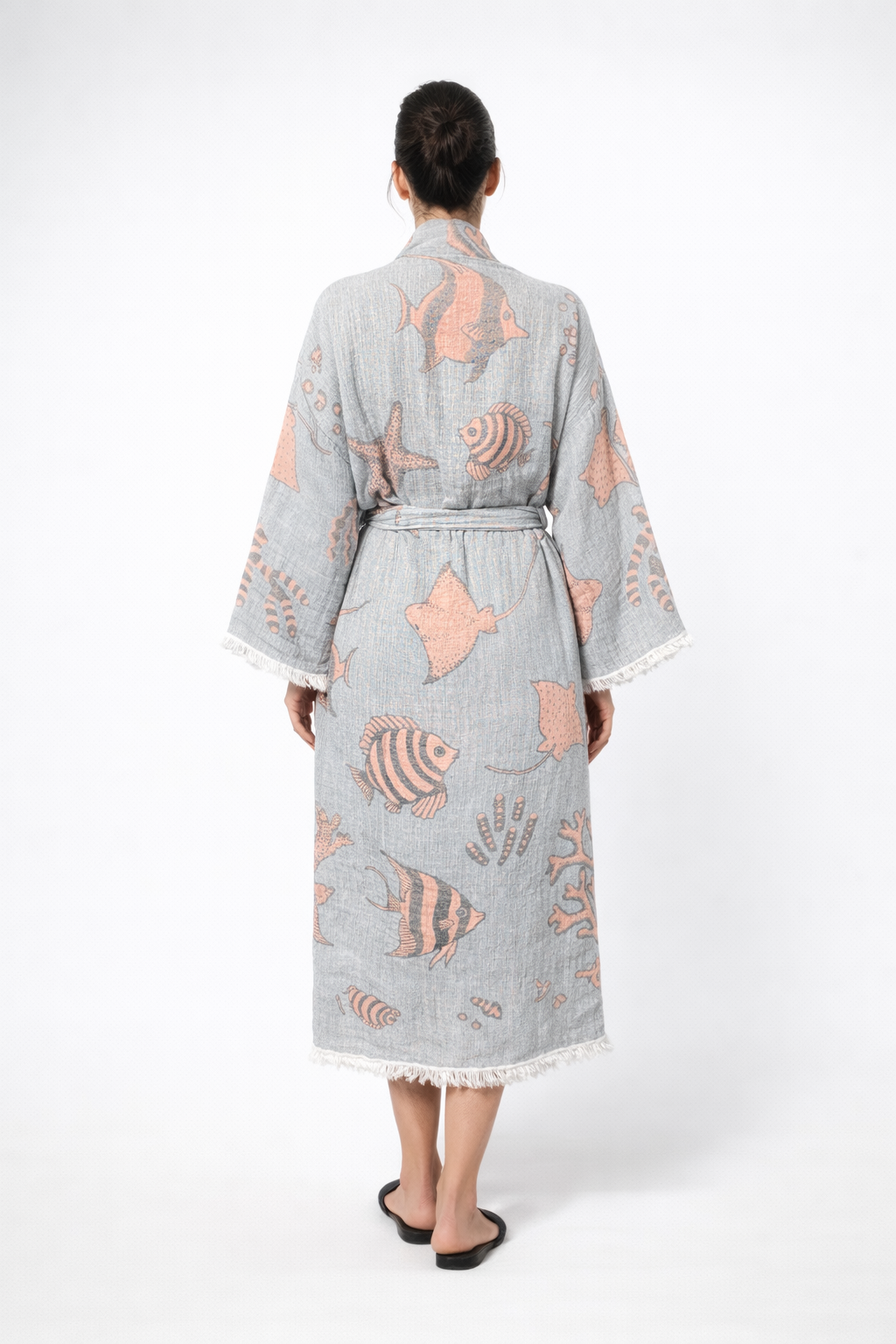 Balık Desenli Kimono Yaka Müslin Bornoz &amp; Sabahlık | Ev &amp; Plaj