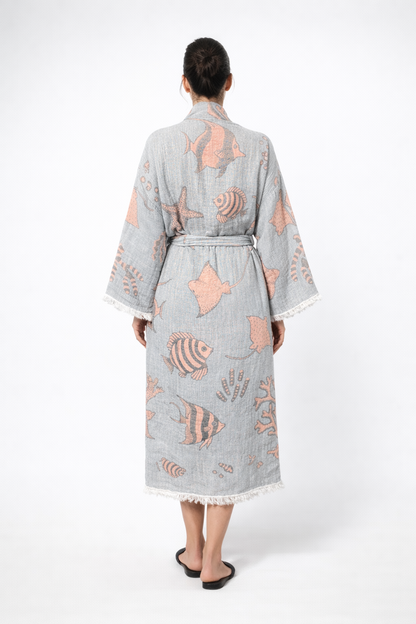 Balık Desenli Kimono Yaka Müslin Bornoz &amp; Sabahlık | Ev &amp; Plaj