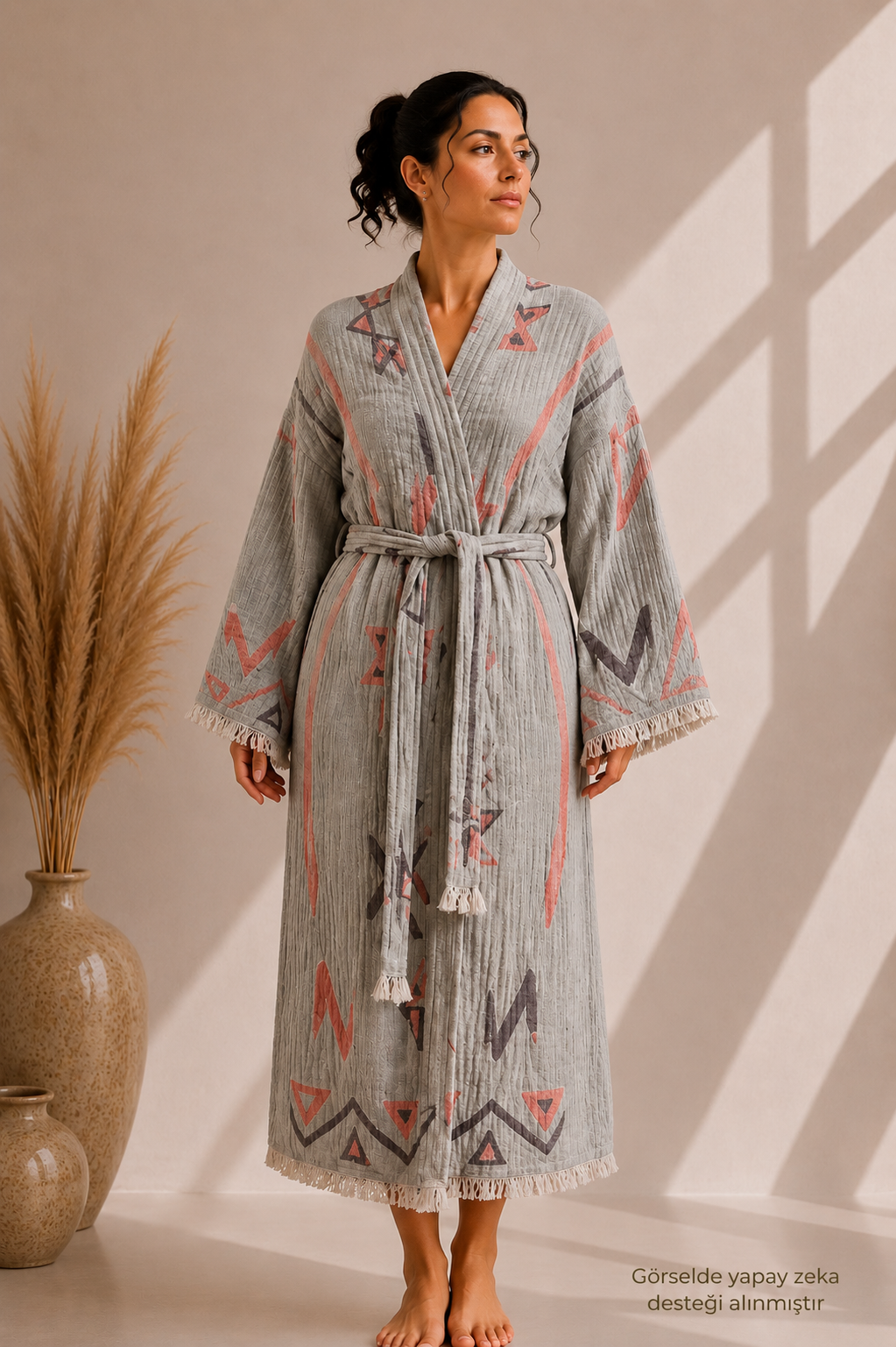 Gri &amp; Gül Kurusu Geometrik Desenli Kimono Yaka Müslin Bornoz &amp; Sabahlık | Ev &amp; Plaj