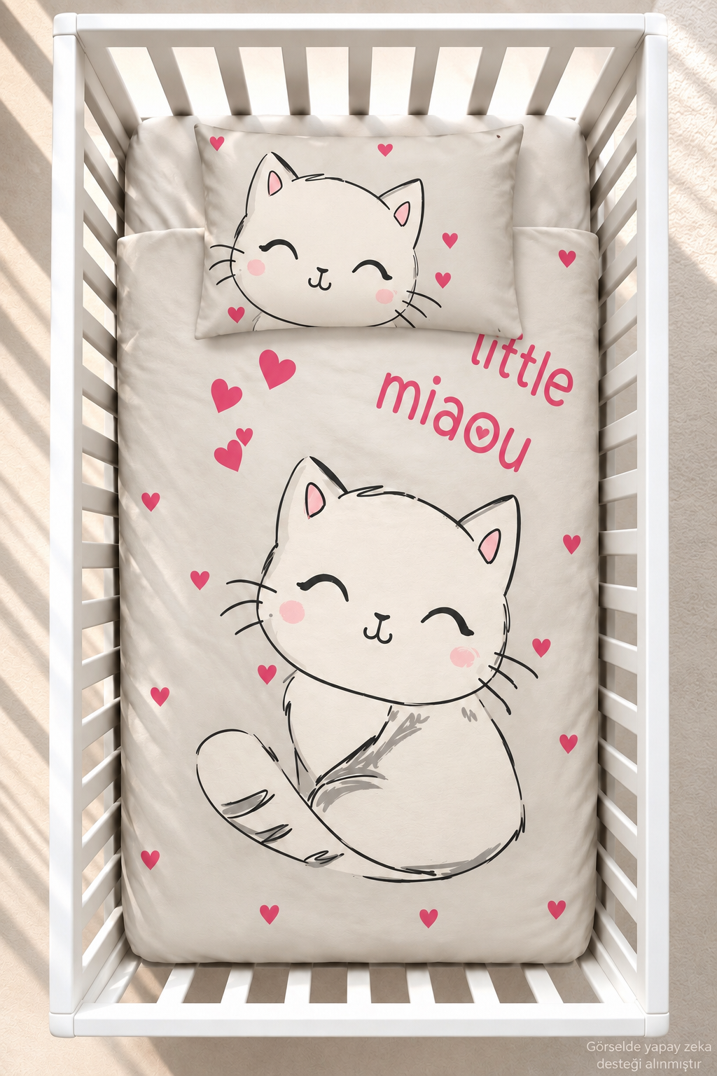 %100 Pamuk Şirin Kedi Desenli Bebek Nevresim Takımı