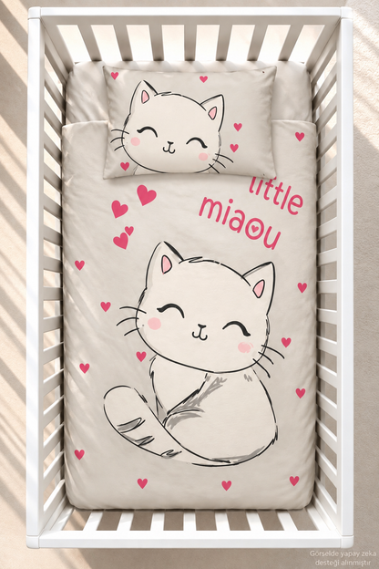 %100 Pamuk Şirin Kedi Desenli Bebek Nevresim Takımı