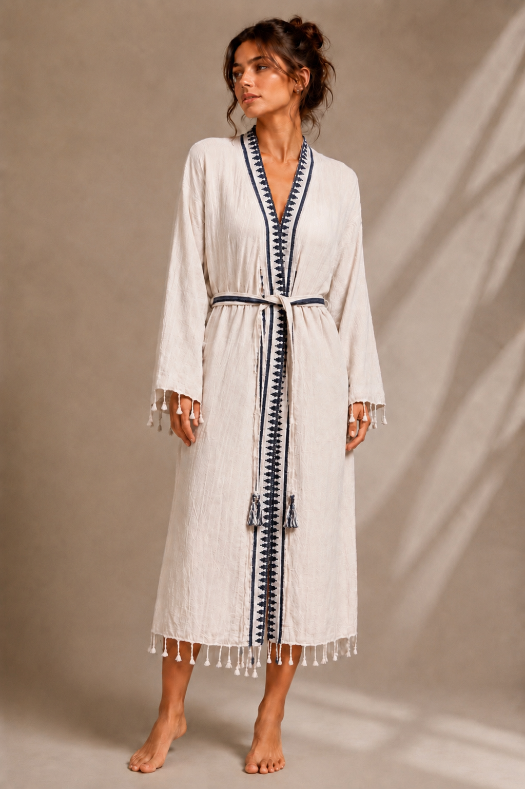 %100 Doğal Keten, Etnik Nakışlı Bohem Kimono Bornoz ve Sabahlık - Lacivert