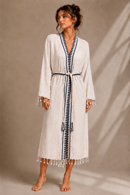 %100 Doğal Keten, Etnik Nakışlı Bohem Kimono Bornoz ve Sabahlık - Lacivert