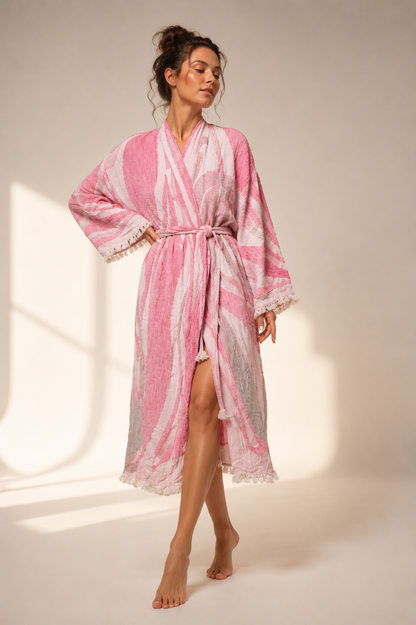 Pembe Lale Desenli Kimono Yaka Müslin Bornoz &amp; Sabahlık | Ev &amp; Plaj