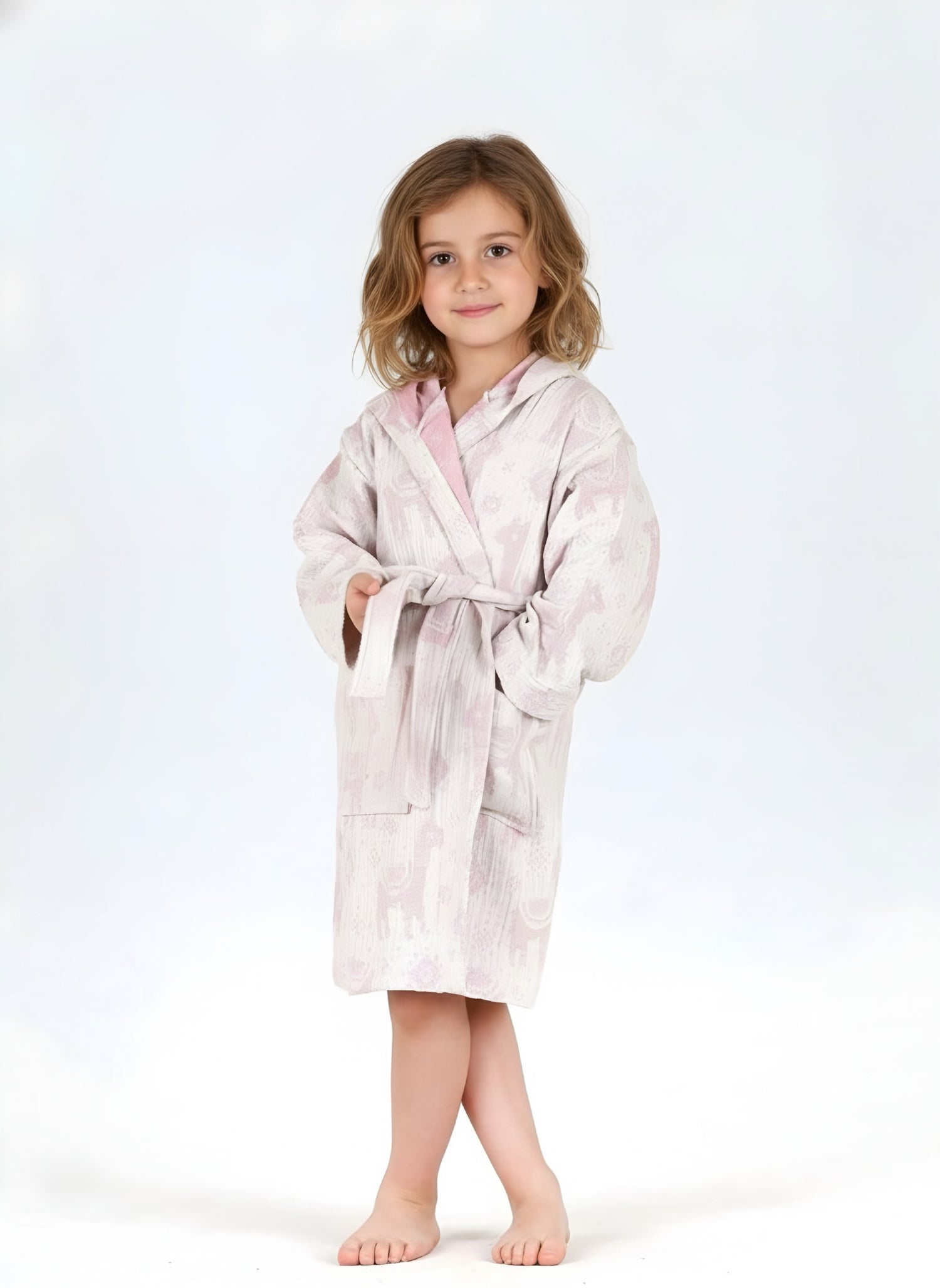 Desenli Müslin Kapüşonlu Çocuk Bornoz