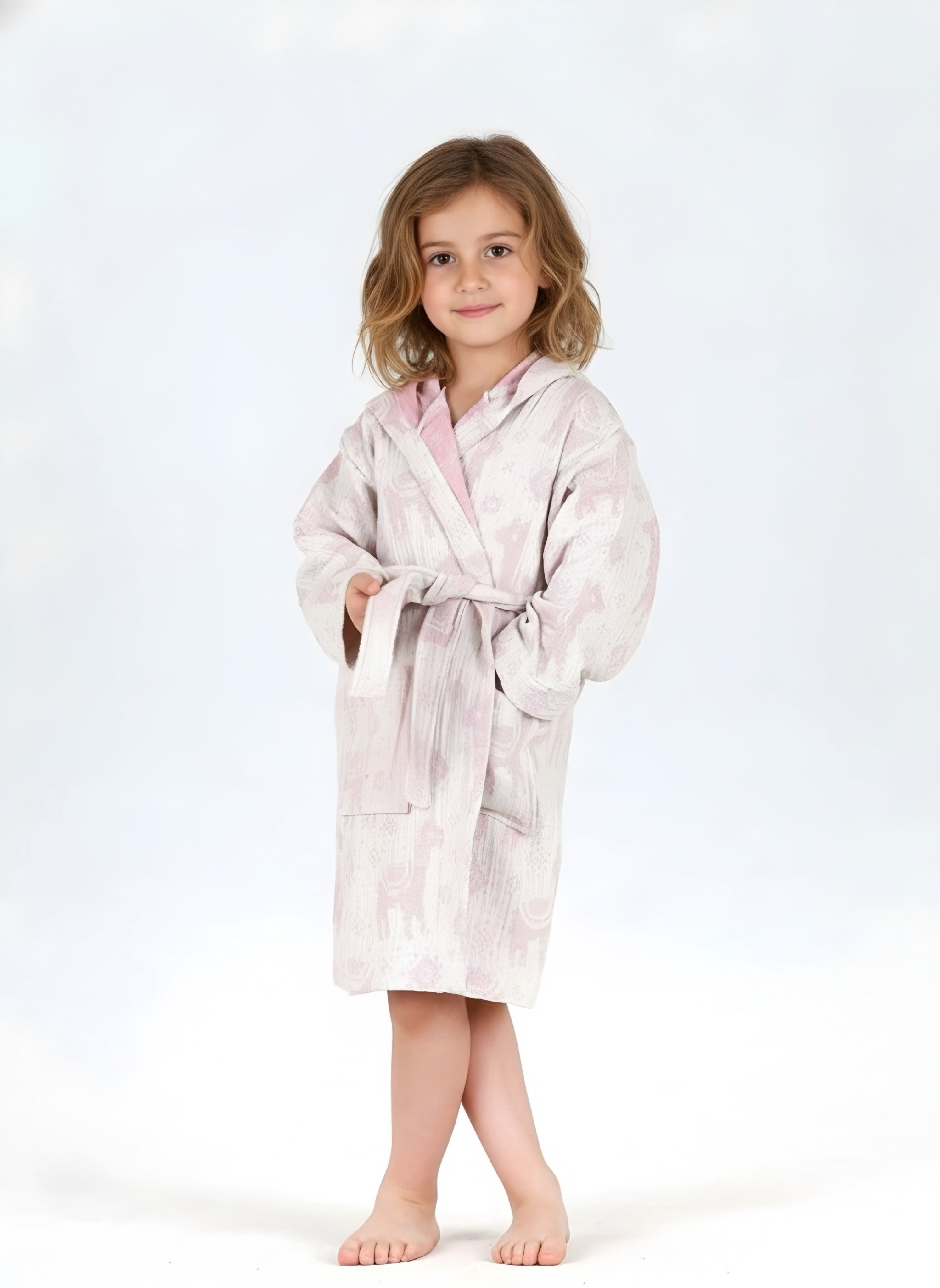 Desenli Müslin Kapüşonlu Çocuk Bornoz