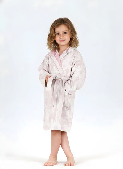 Desenli Müslin Kapüşonlu Çocuk Bornoz