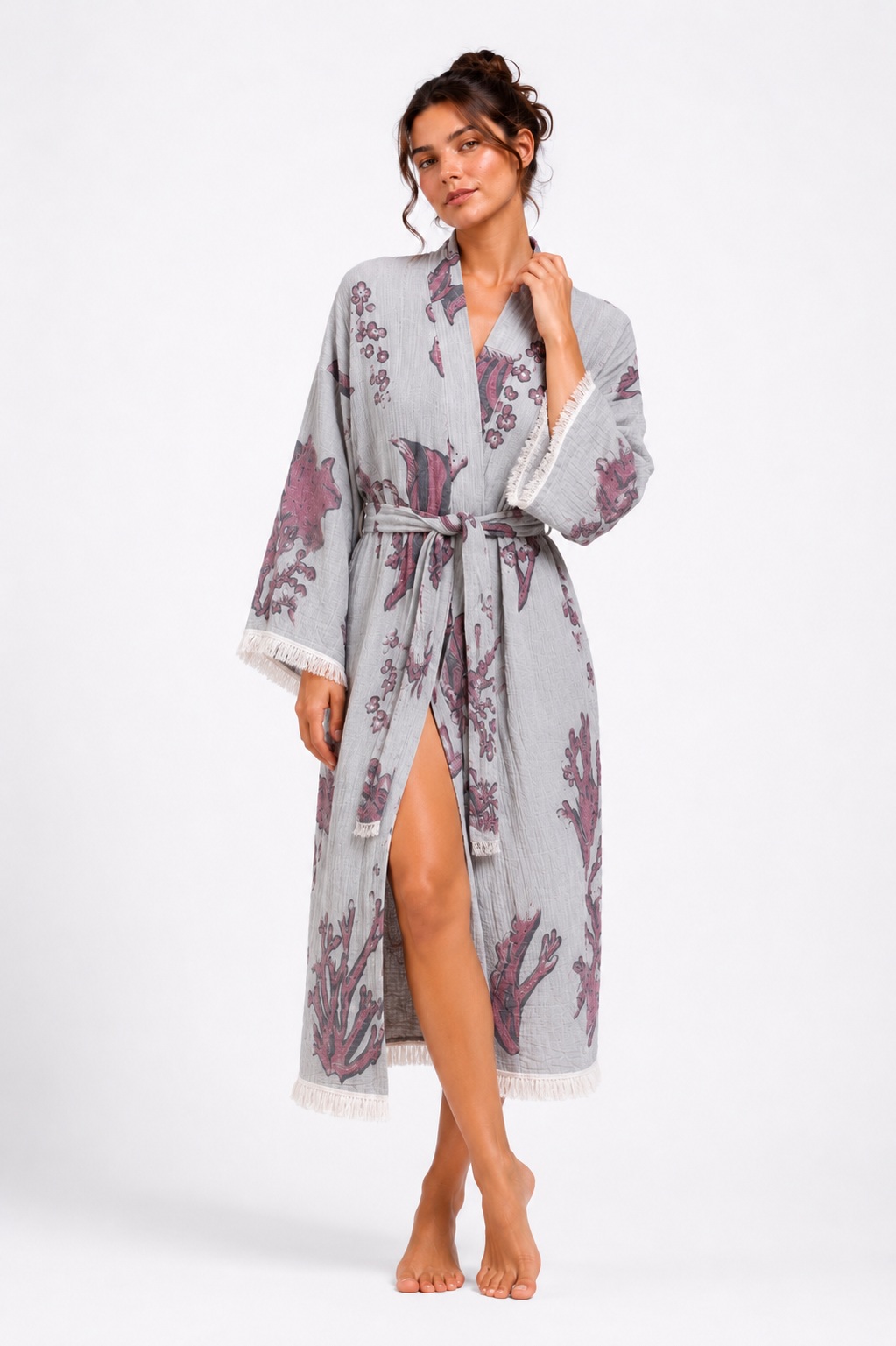 Deniz Desenli Kimono Yaka Müslin Bornoz &amp; Sabahlık | Ev &amp; Plaj