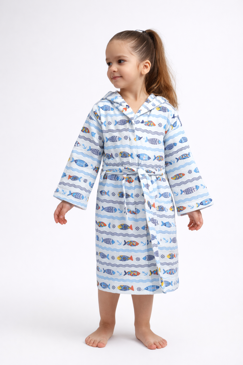 Marine Desenli Müslin Kapüşonlu Çocuk Bornoz