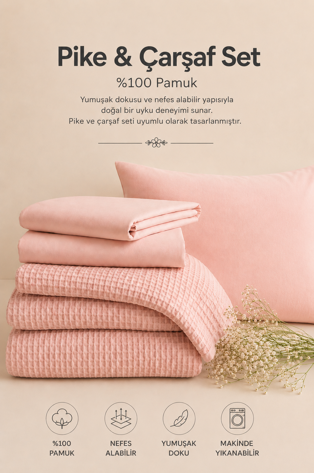 %100 Pamuk Waffle Pike ve Poplin Çarşaf Seti Kombin Takım