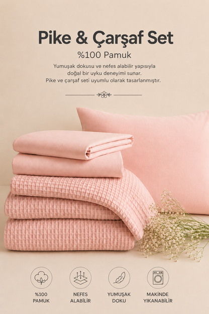 %100 Pamuk Waffle Pike ve Poplin Çarşaf Seti Kombin Takım