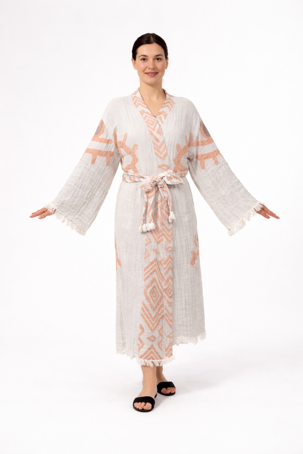 Turuncu - Somon Göz Desen Kimono Yaka Müslin Bornoz &amp; Sabahlık | Ev &amp; Plaj