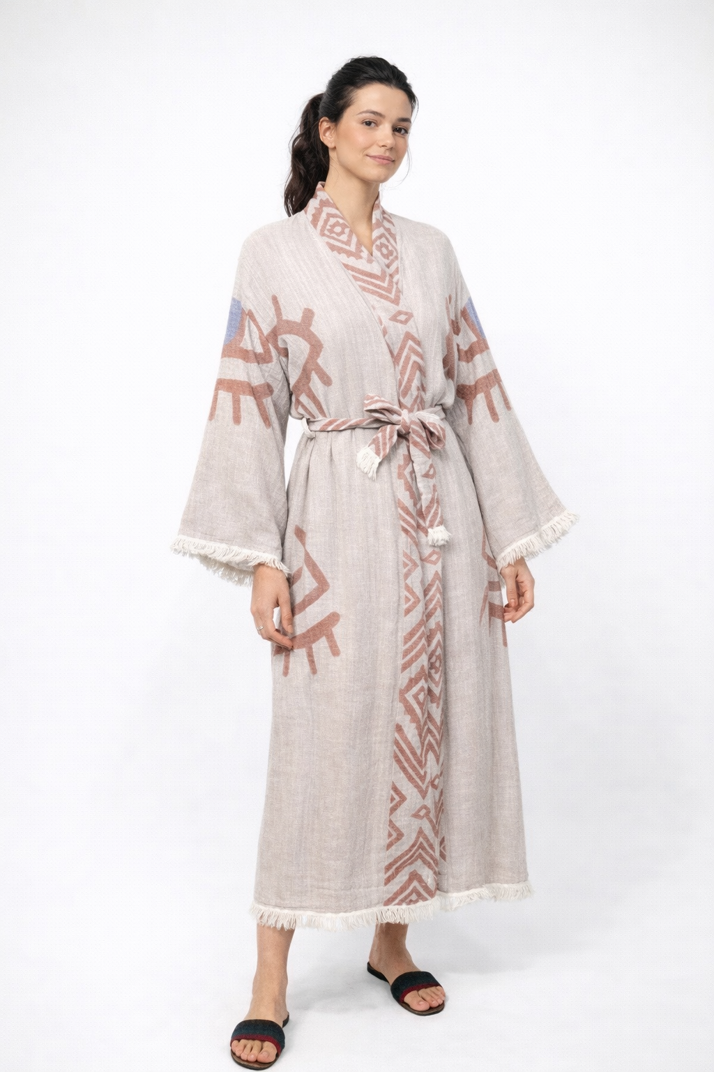 Kahverengi - Mavi Göz Desenli Kimono Yaka Müslin Bornoz &amp; Sabahlık | Ev &amp; Plaj
