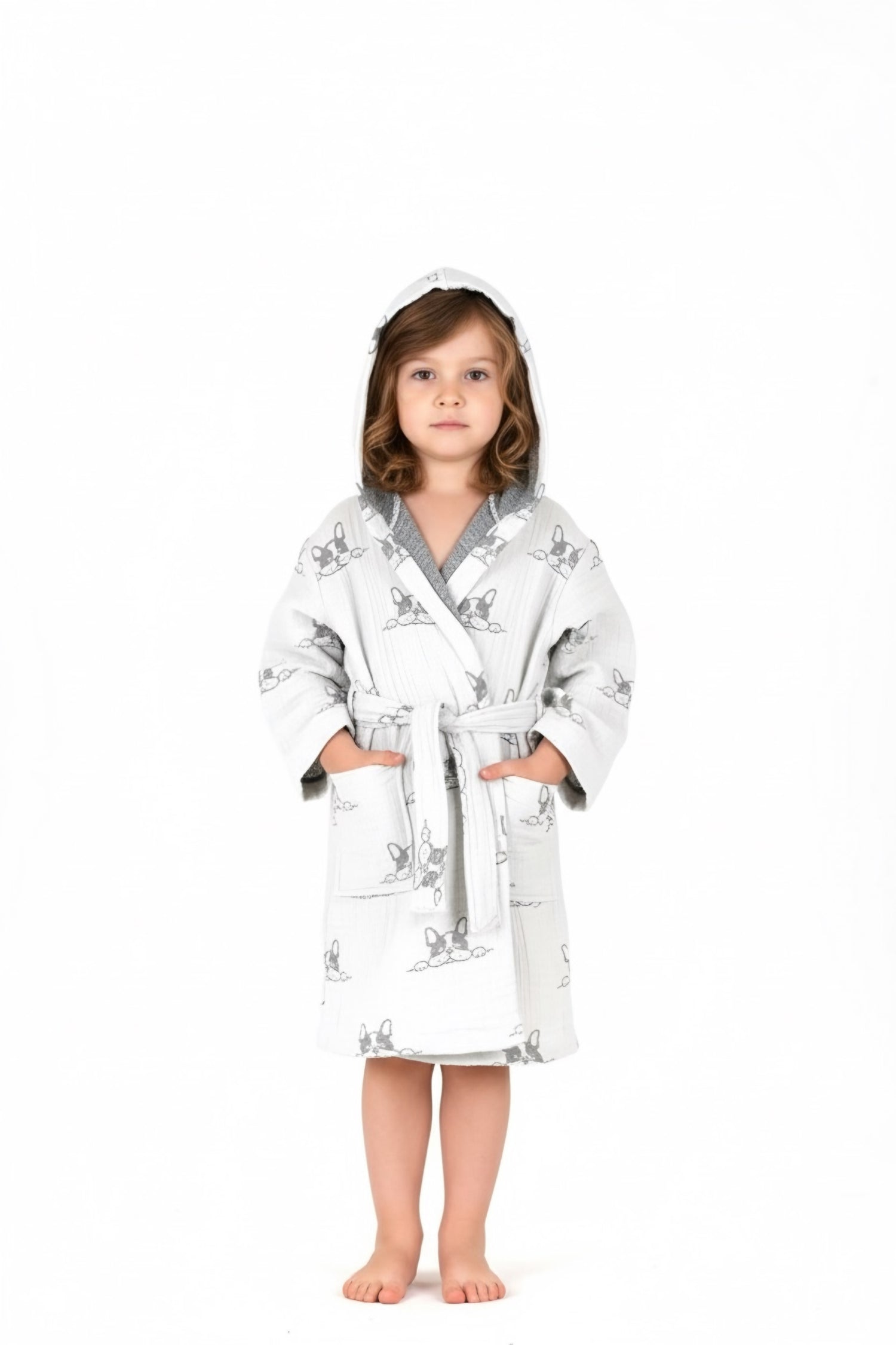 Desenli Müslin Kapüşonlu Çocuk Bornoz