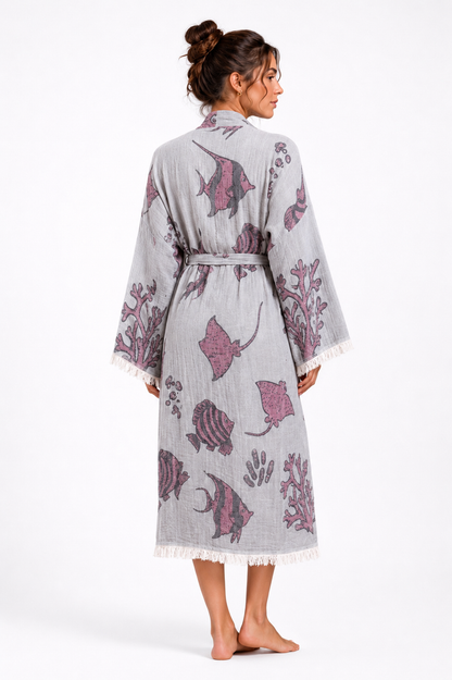 Deniz Desenli Kimono Yaka Müslin Bornoz &amp; Sabahlık | Ev &amp; Plaj