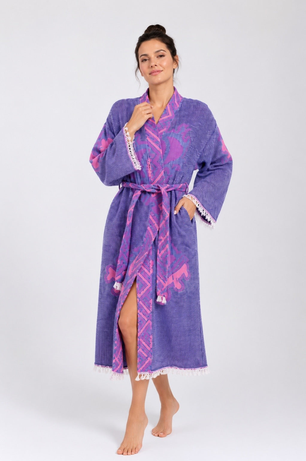 Mor - Pembe Göz Desenli Kimono Yaka Müslin Bornoz &amp; Sabahlık | Ev &amp; Plaj