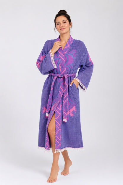 Mor - Pembe Göz Desenli Kimono Yaka Müslin Bornoz &amp; Sabahlık | Ev &amp; Plaj