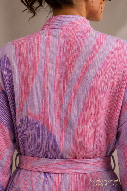 Pembe &amp; Lila Lale Desenli Kimono Yaka Müslin Bornoz &amp; Sabahlık | Ev &amp; Plaj