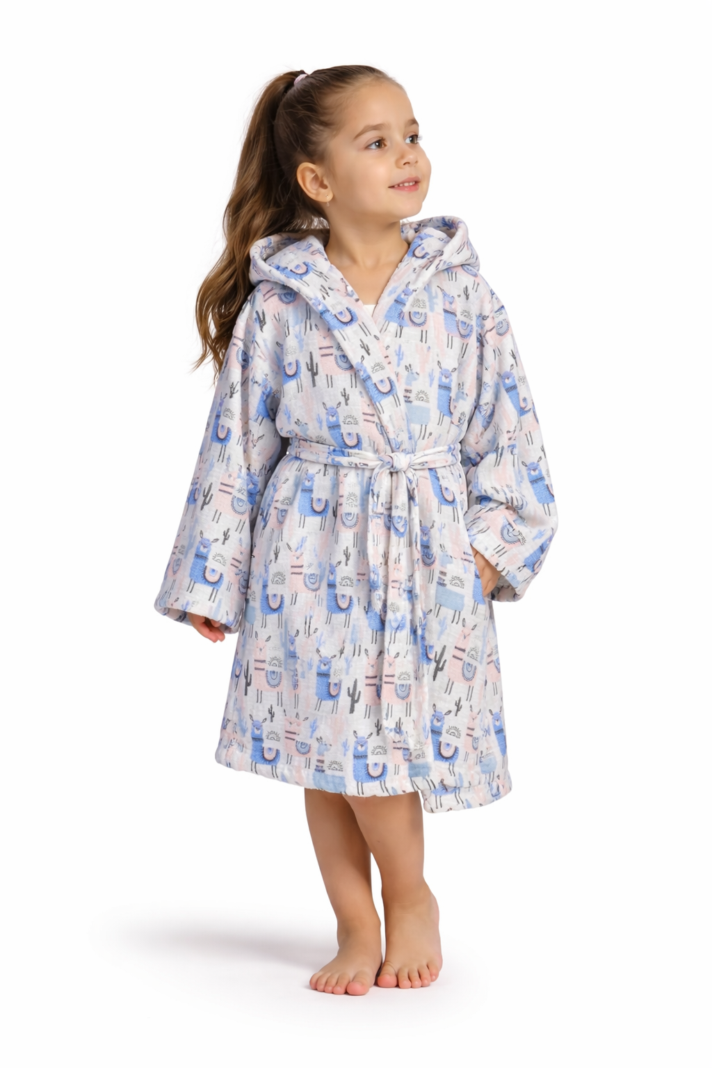 Alpaka Desenli Müslin Kapüşonlu Çocuk Bornoz