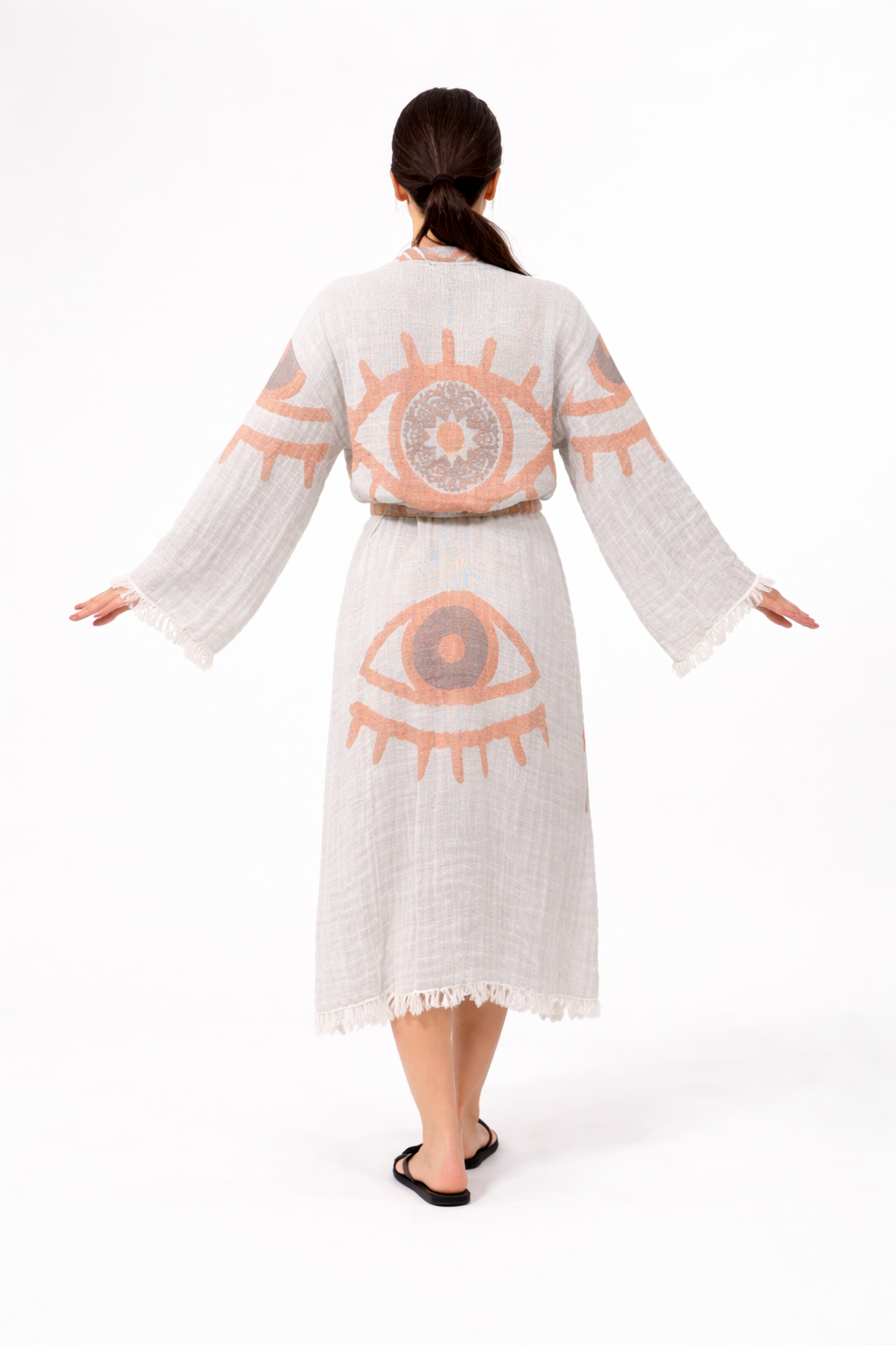 Turuncu - Somon Göz Desen Kimono Yaka Müslin Bornoz &amp; Sabahlık | Ev &amp; Plaj