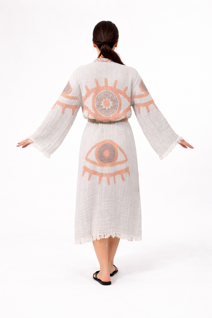 Turuncu - Somon Göz Desen Kimono Yaka Müslin Bornoz &amp; Sabahlık | Ev &amp; Plaj