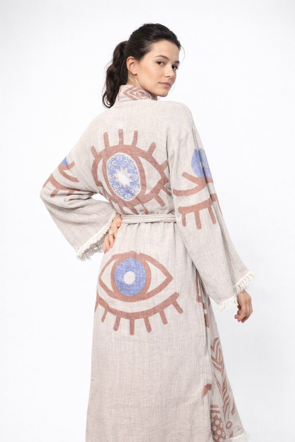 Kahverengi - Mavi Göz Desenli Kimono Yaka Müslin Bornoz &amp; Sabahlık | Ev &amp; Plaj