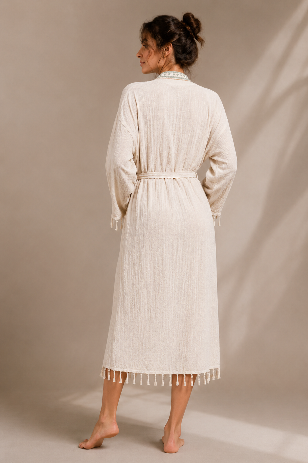 %100 Doğal Keten, Etnik Nakışlı Bohem Kimono Bornoz ve Sabahlık - Adaçayı Yeşil