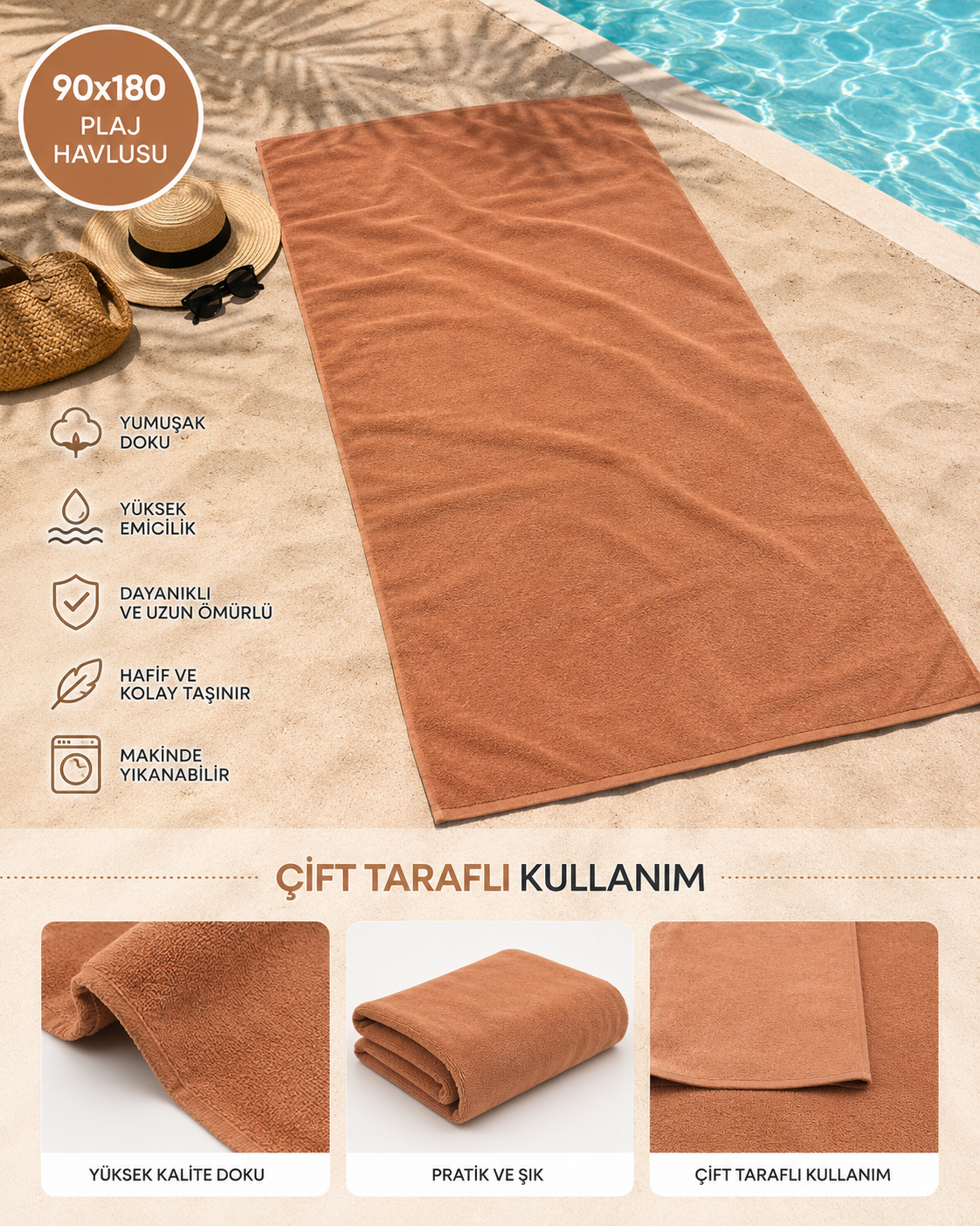 Bohem Stil Çift Taraflı Plaj Havlusu – 90x180 Lüks Pamuklu Havuz Havlusu