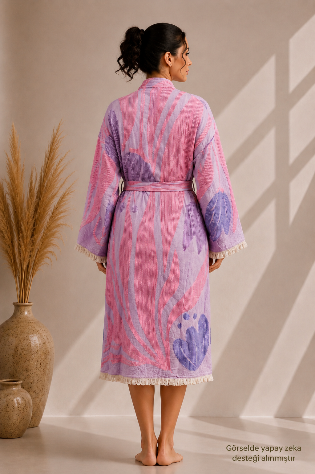 Pembe &amp; Lila Lale Desenli Kimono Yaka Müslin Bornoz &amp; Sabahlık | Ev &amp; Plaj