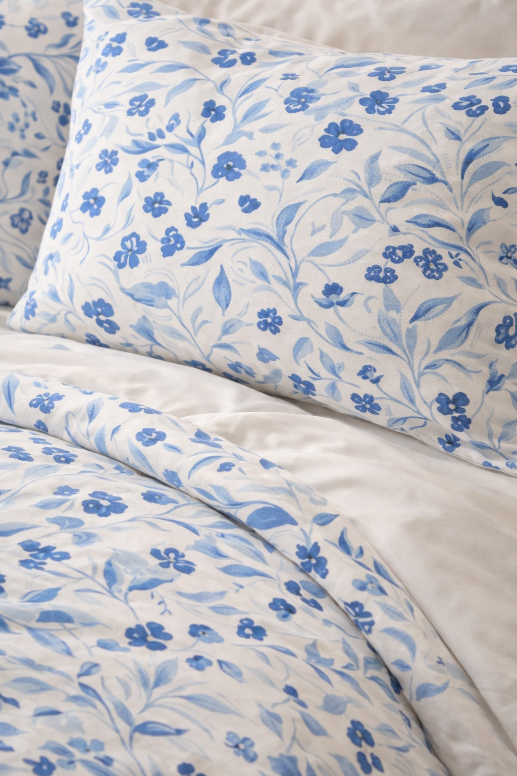 Mavi Rüya Çiçek Desenli 300 TC Premium %100 Pamuk Saten Nevresim Takımı