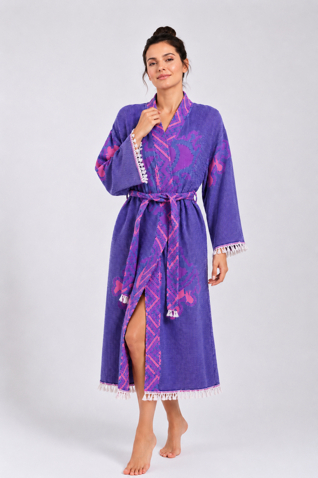 Mor - Pembe Göz Desenli Kimono Yaka Müslin Bornoz &amp; Sabahlık | Ev &amp; Plaj