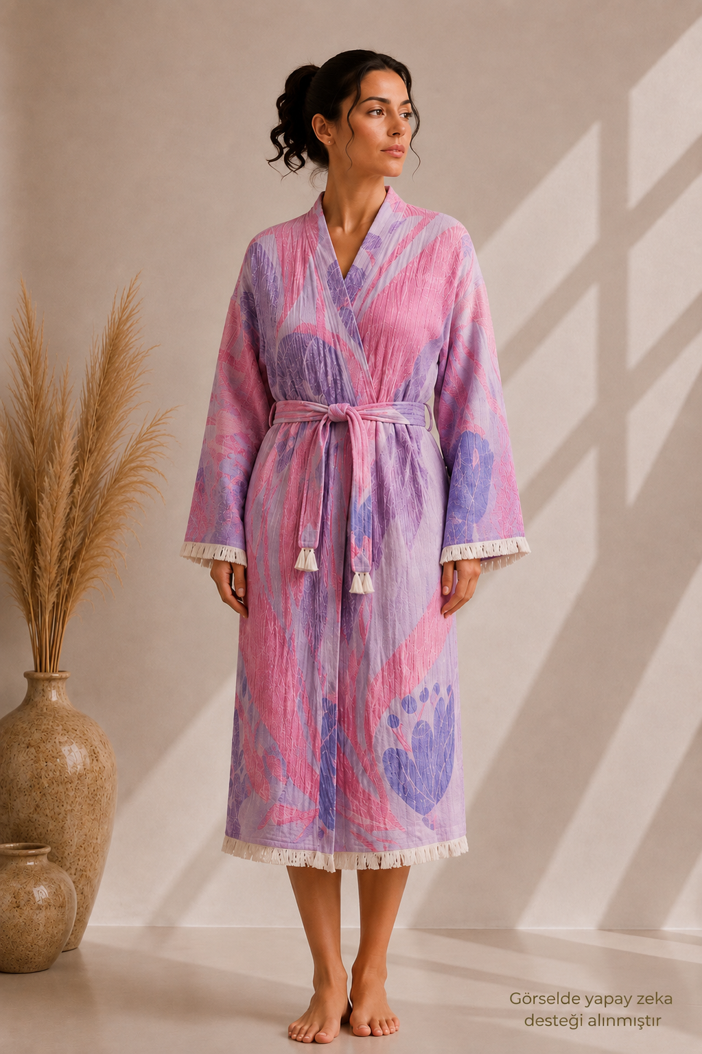 Pembe &amp; Lila Lale Desenli Kimono Yaka Müslin Bornoz &amp; Sabahlık | Ev &amp; Plaj