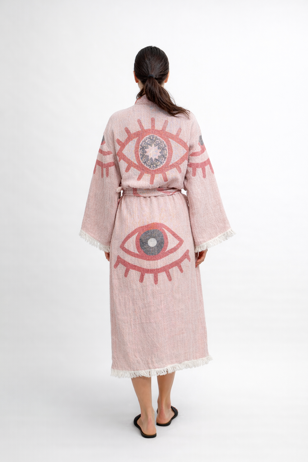 Somon - Siyah Göz Desenli Kimono Yaka Müslin Bornoz &amp; Sabahlık | Ev &amp; Plaj