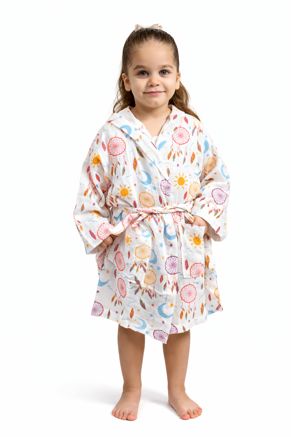 Rüzgar Gülü Desenli Müslin Kapüşonlu Çocuk Bornoz