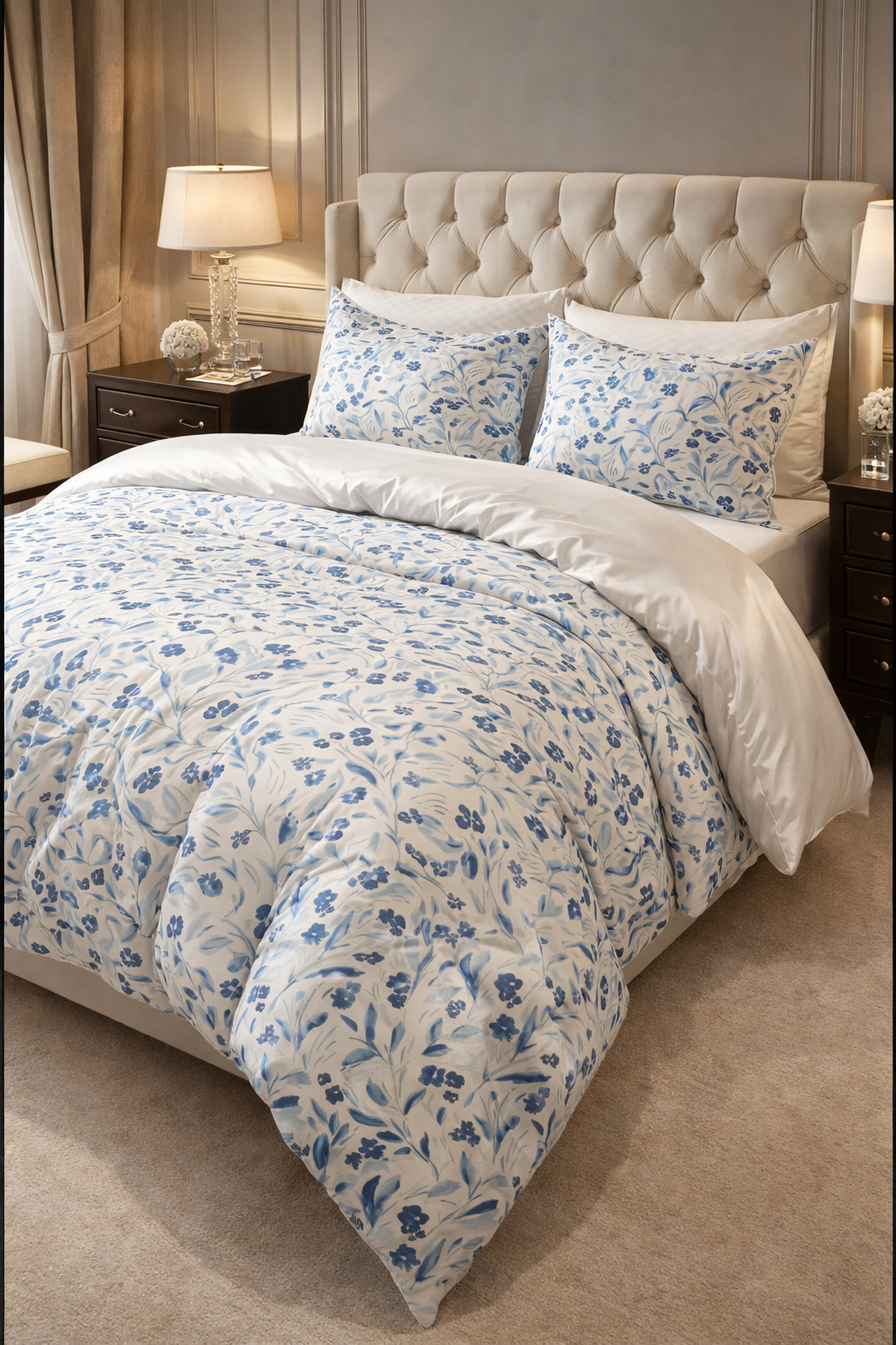 Mavi Rüya Çiçek Desenli 300 TC Premium %100 Pamuk Saten Nevresim Takımı