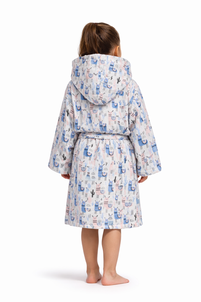 Alpaka Desenli Müslin Kapüşonlu Çocuk Bornoz