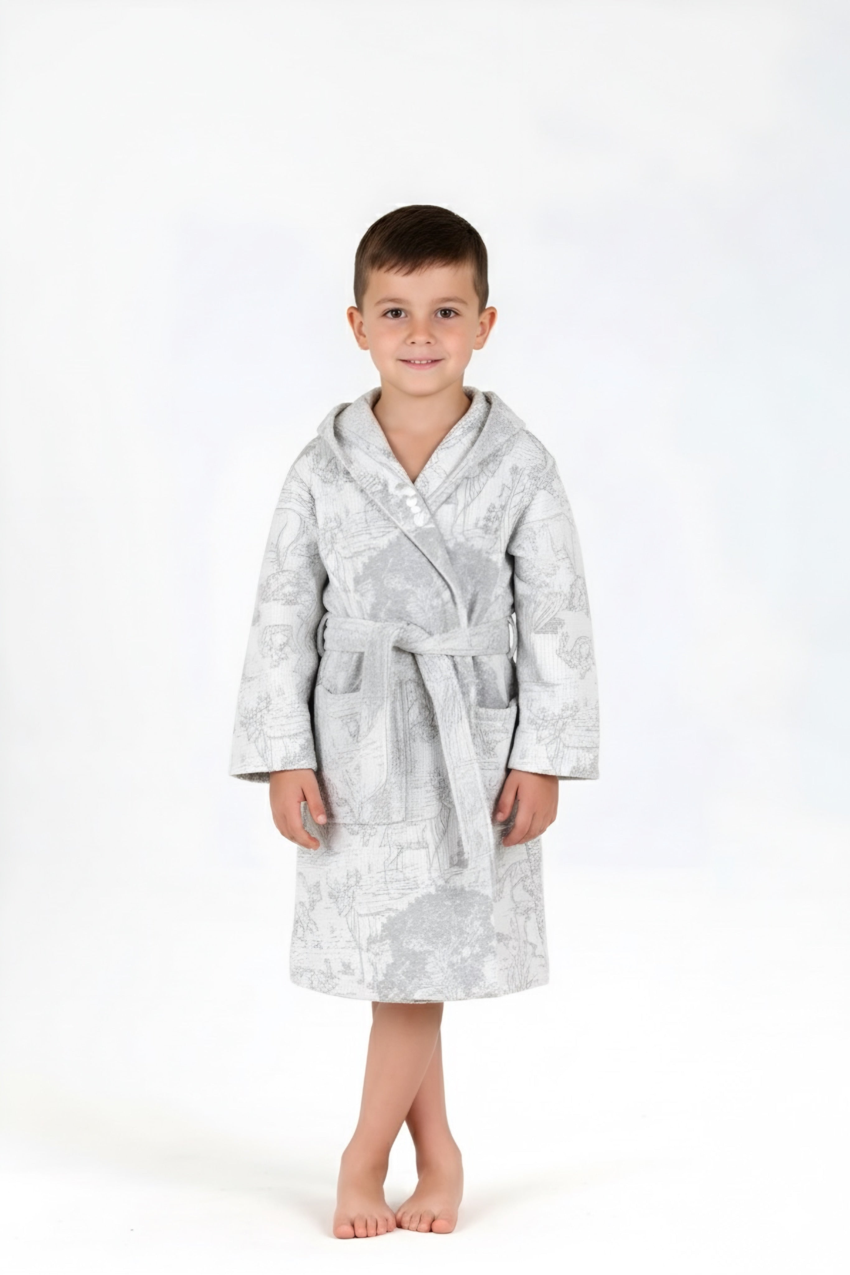 Desenli Müslin Kapüşonlu Çocuk Bornoz