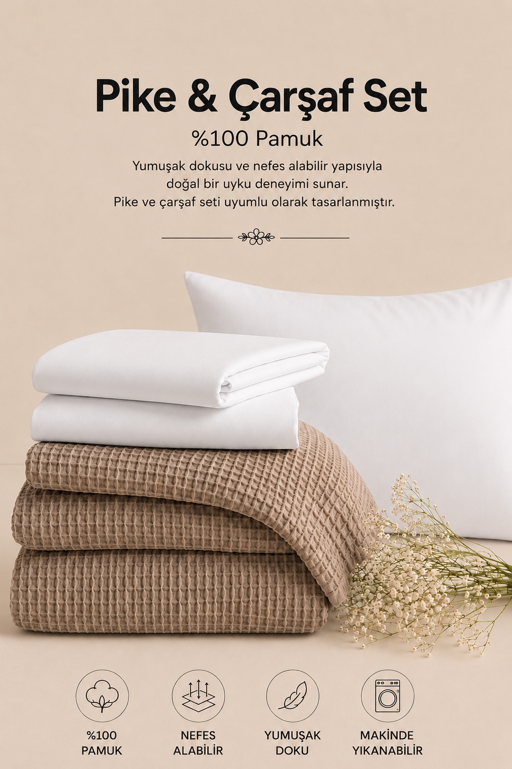 %100 Pamuk Waffle Pike ve Pamuk Saten Çarşaf Seti Kombin Takım - Beyaz &amp; Kahve