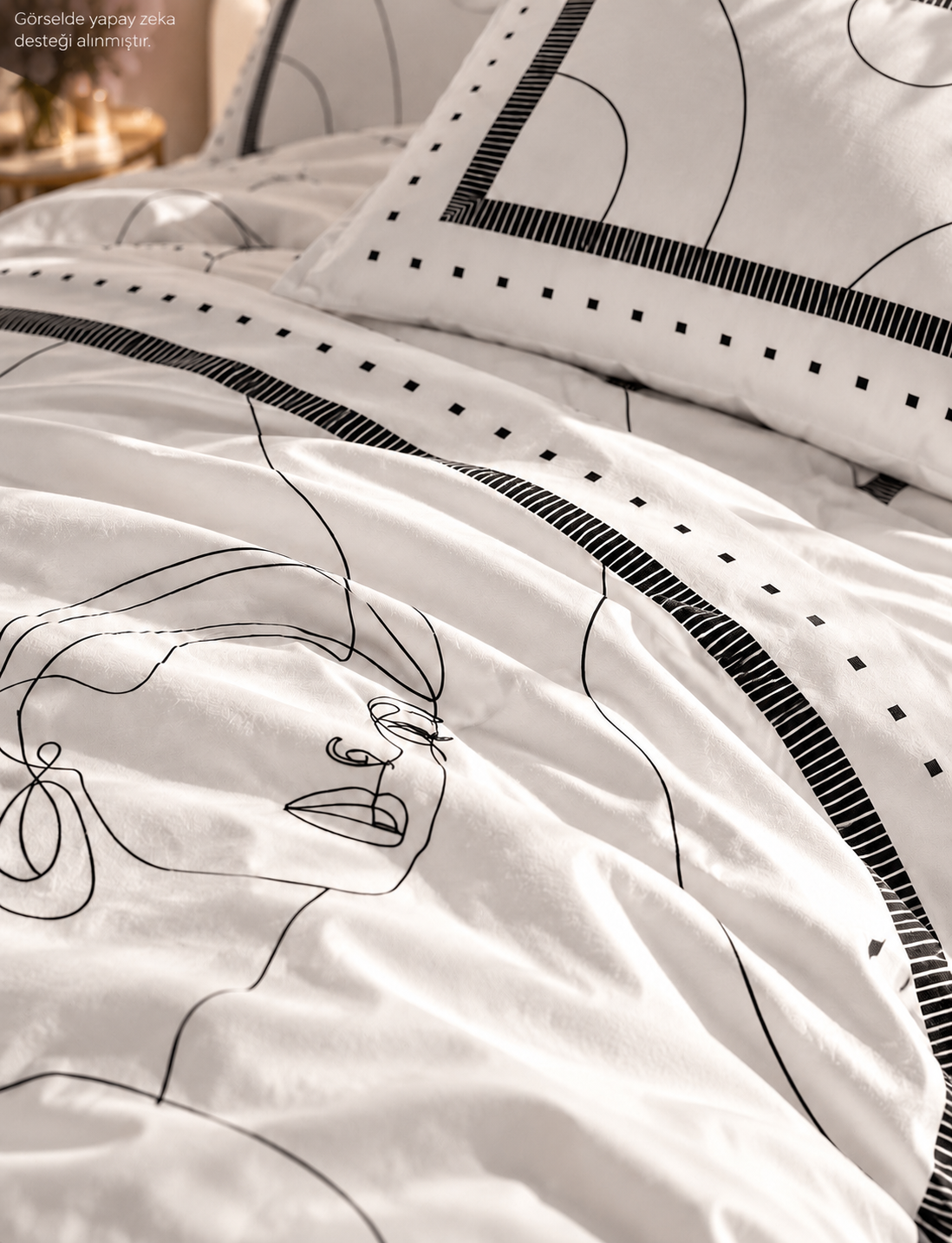 %100 Pamuk Saten Çift Kişilik Nevresim Takımı | Modern Line Art Desenli