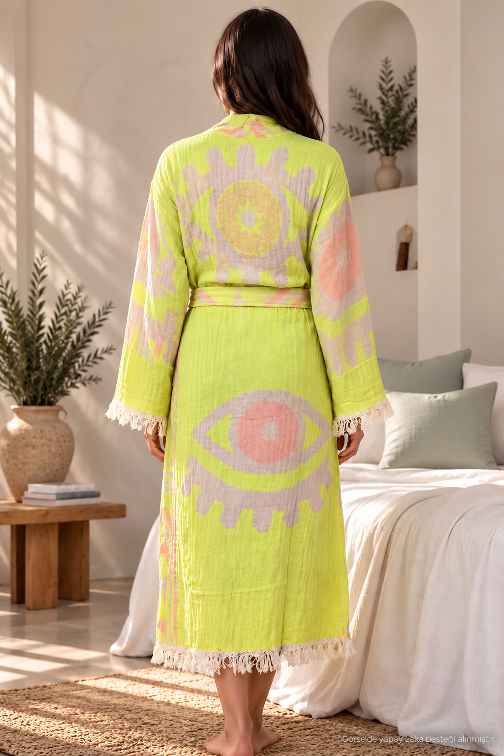 Sarı Göz Desenli Kimono Yaka Müslin Bornoz &amp; Sabahlık | Ev &amp; Plaj