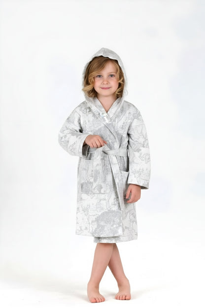 Desenli Müslin Kapüşonlu Çocuk Bornoz