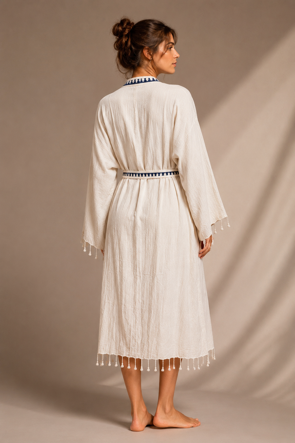 %100 Doğal Keten, Etnik Nakışlı Bohem Kimono Bornoz ve Sabahlık - Lacivert