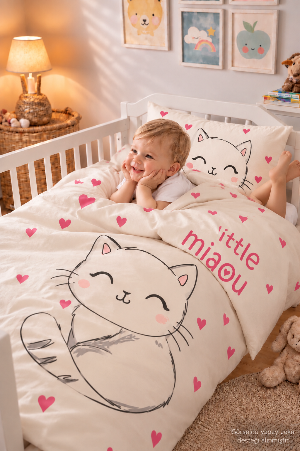 %100 Pamuk Şirin Kedi Desenli Bebek Nevresim Takımı