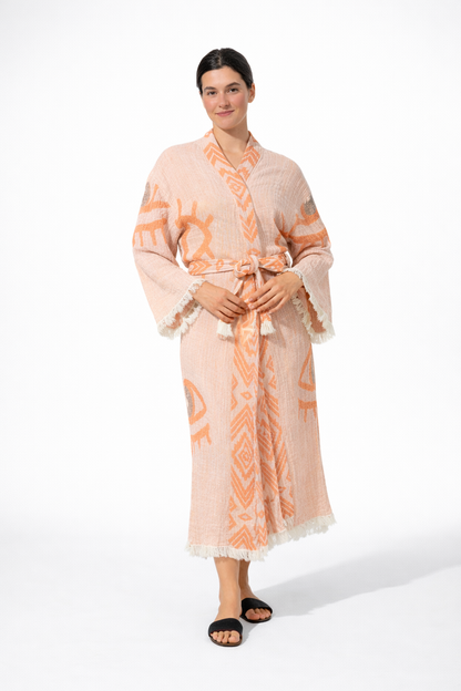 Turuncu - Siyah Göz Desenli Kimono Yaka Müslin Bornoz &amp; Sabahlık | Ev &amp; Plaj