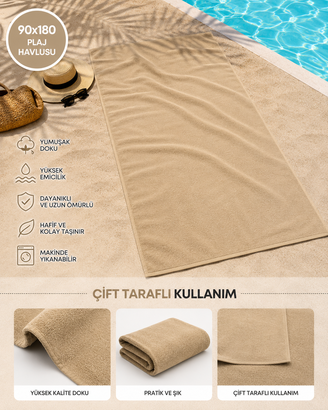 Bohem Stil Çift Taraflı Plaj Havlusu – 90x180 Lüks Pamuklu Havuz Havlusu