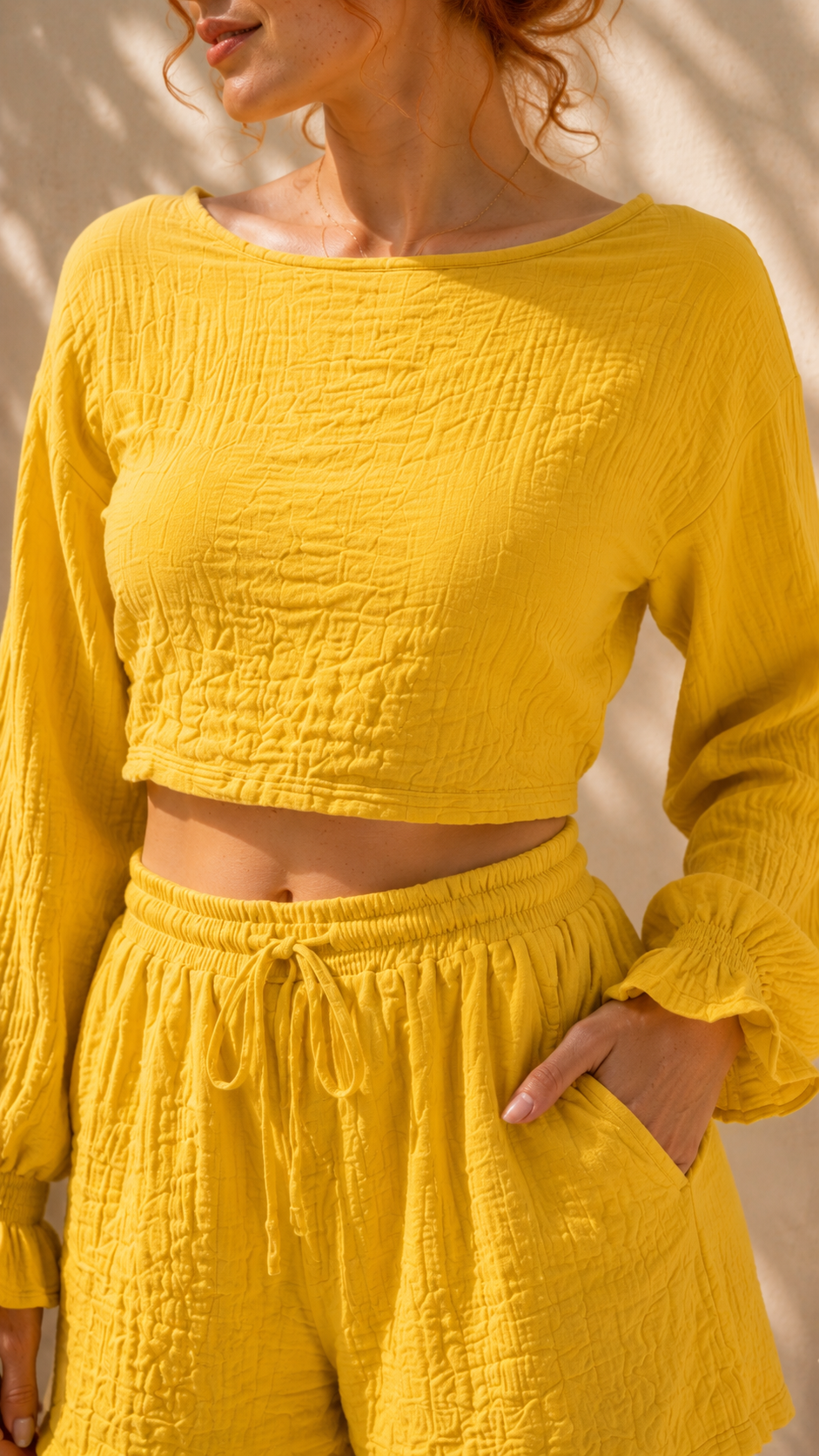 Hardal Sarısı %100 Pamuk Müslin Şortlu Takım