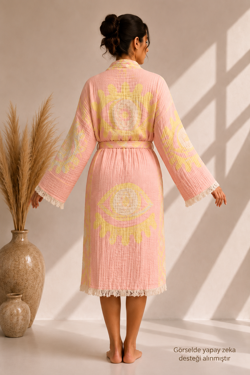 Pudra Pembe &amp; Sarı Göz Desenli Kimono Yaka Müslin Bornoz &amp; Sabahlık | Ev &amp; Plaj
