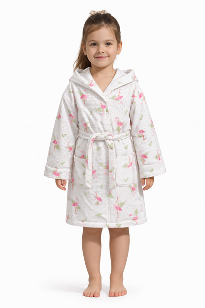 Flamingo Desenli Müslin Kapüşonlu Çocuk Bornoz